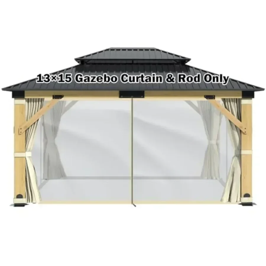 13' x 15' Wooden Gazebo Curtains Part Rod - Outdoor Hardtop Patio Gazebo  Netting Walls with Zipper Breathable Mesh and Privacy