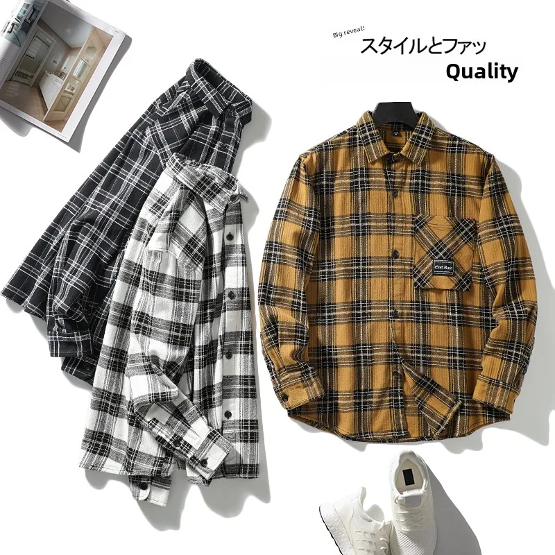 Retro American Washed Brushed Plaid Long Sleeve Men's Shirt Korean Style Workwear Large Pocket Trendy Youth Jacket Coat