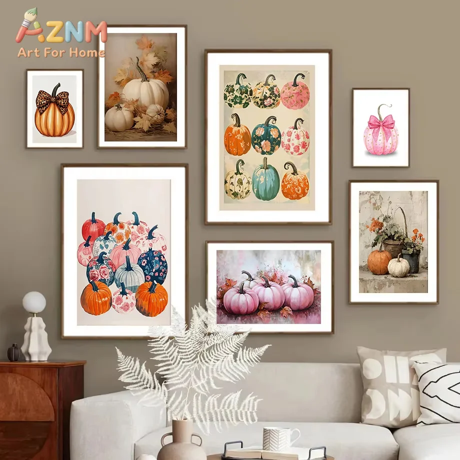 1PC Pumpkins Poster Print Vintage Autumn Vibes Cute Floral Pumpkins Pink Halloween Art Apartment Decor Fall Home Decor Gift