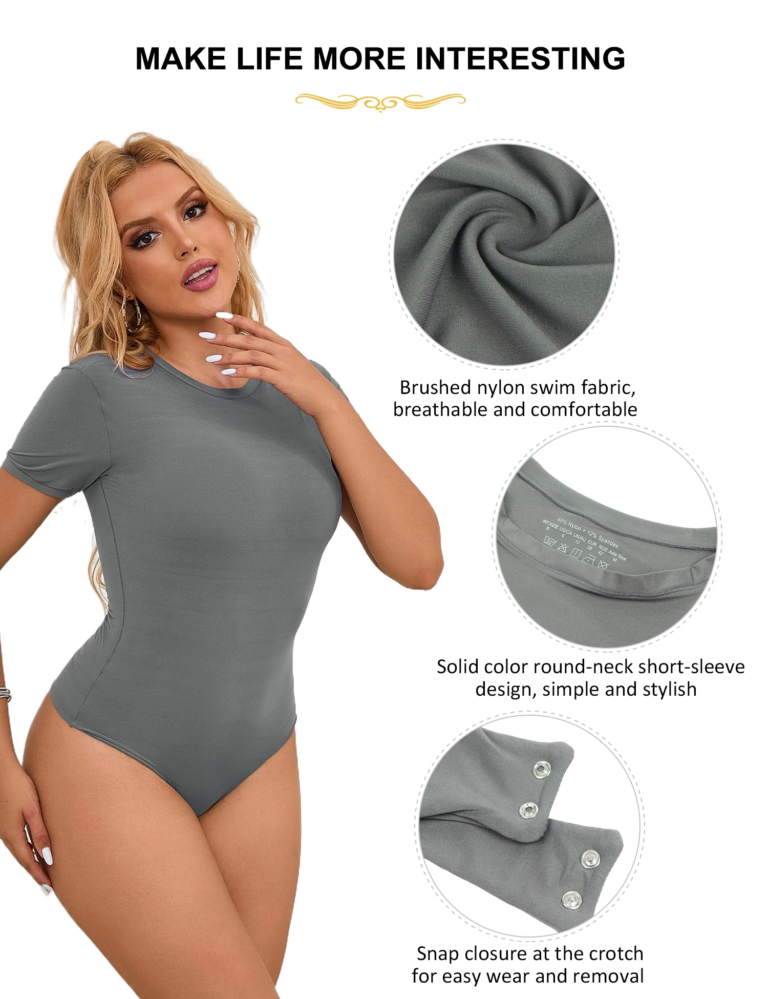 Body gris para mujer, Sexy, liso, sencillo, de manga corta, con entrepierna abierta, informal, para uso diario, monos de Fitness para mujer, trajes de una pieza