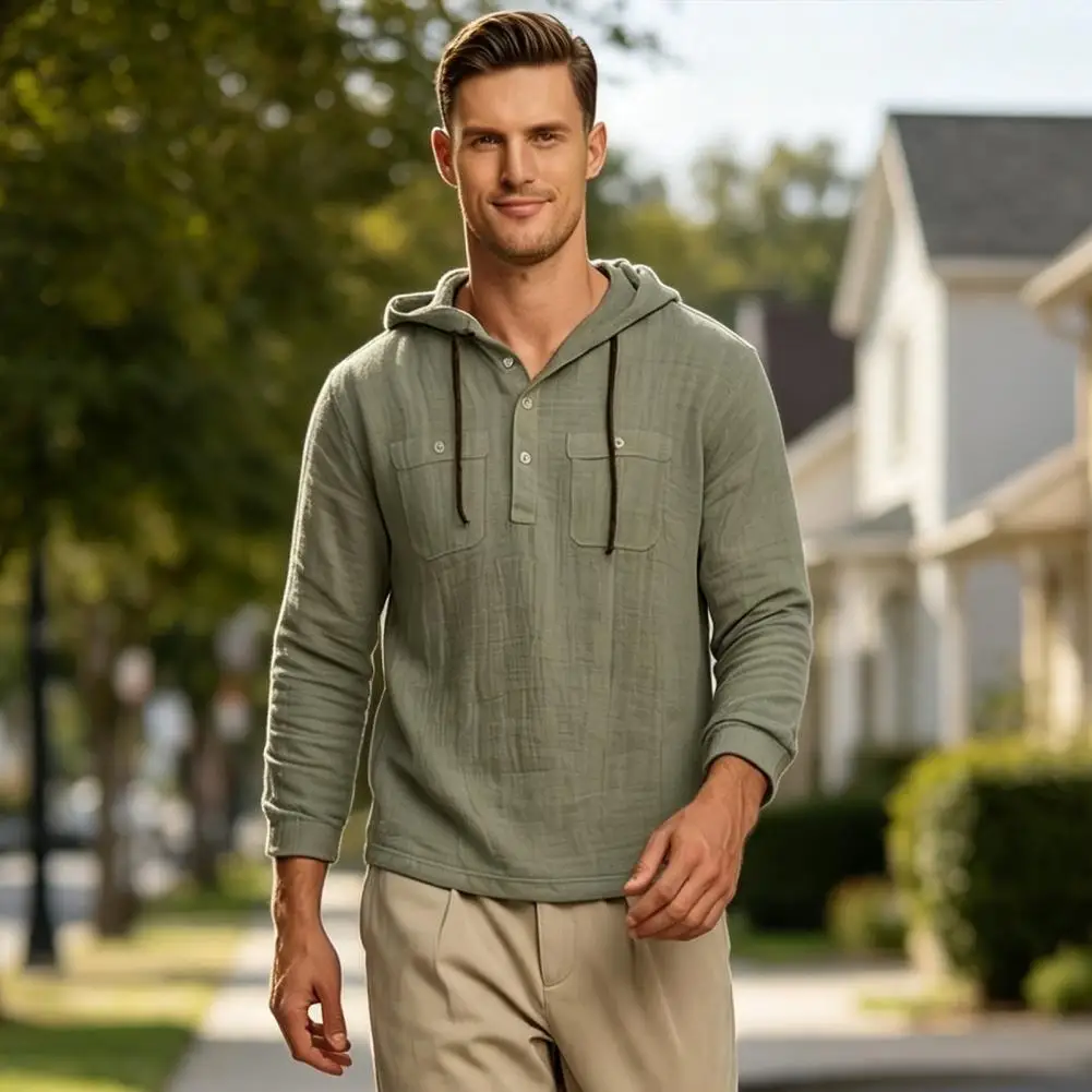 Men Cotton Linen Hoodie, Long Sleeve Hooded Sweatshirt, Casual Pullover Shirt for Vacation Summer Autumn Daily Wear