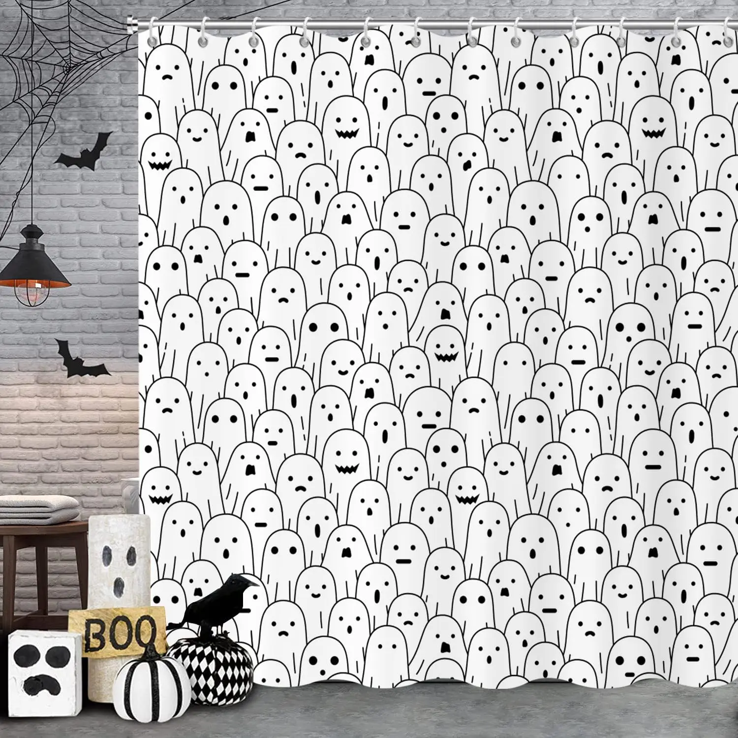 Halloween Shower Curtain, Black and White Funny Ghosts Icons Spooky Cute Halloween Bathroom Curtain Waterproof Fabric