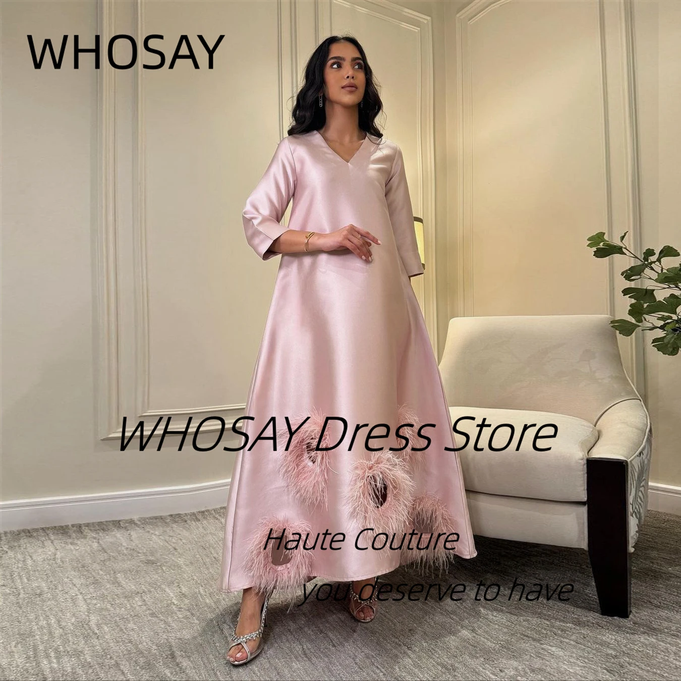 WHOSAY Customized Feathers Prom Dresses V Neck Long Sleeves Evening Gowns Zipper Back Formal Occasion Saudi Party Dress