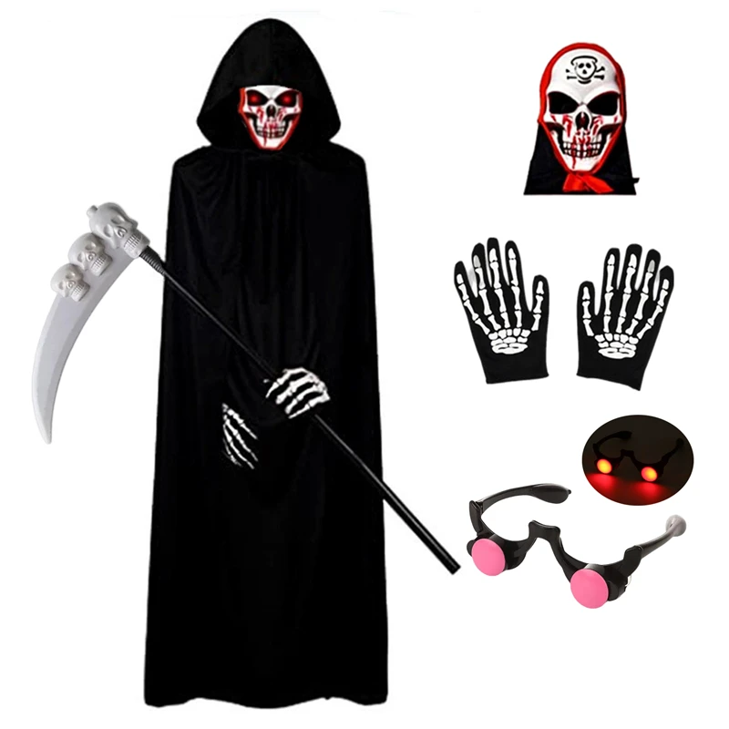 Halloween Kids Red Eyes with Hooded Cape and Scythe Props Scary Grim Reaper Kids Mask Gloves Costume Easter Rave Robe