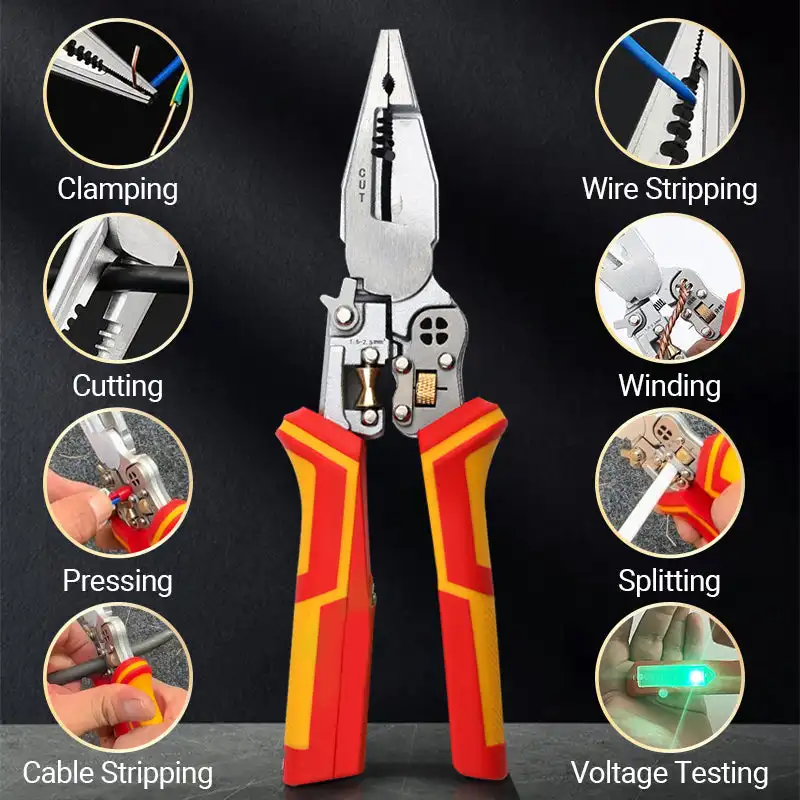 9-in-1 Versatile Wire Stripping Pliers with Built-in Electricity Meter Multifunctional Wire Stripper Electrician Cable Cutter