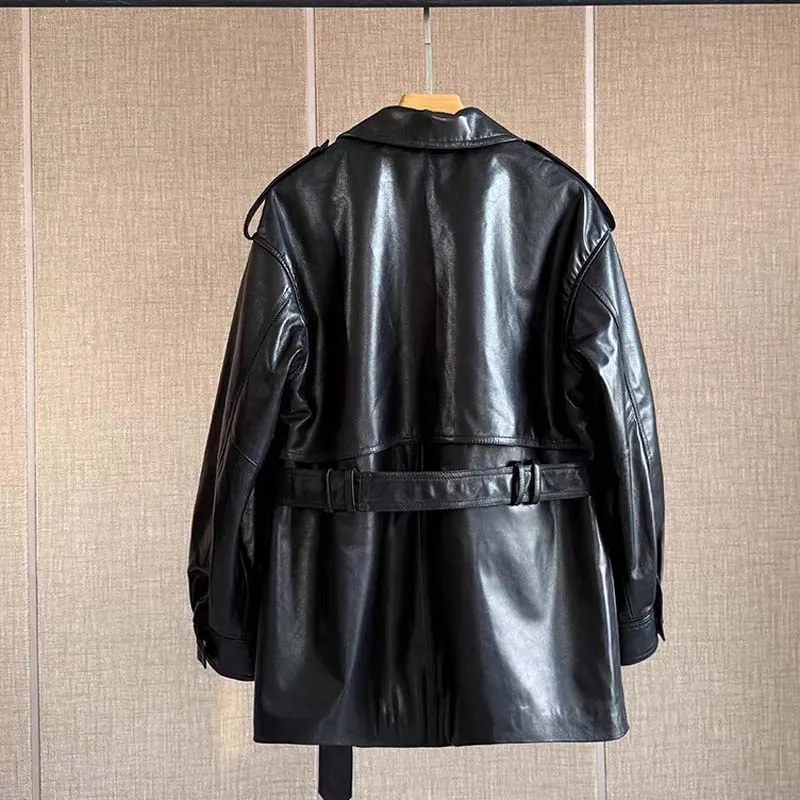 Women coat spring Sheepskin suit jacket two big pockets new fashion genuine leather clothes with belt regular length