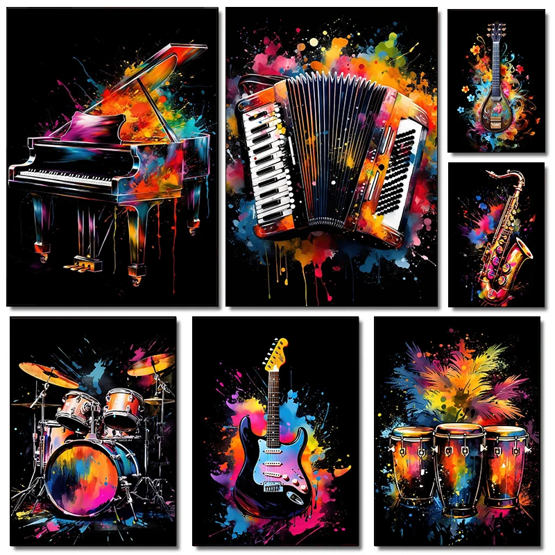 Picture Of Musical Instrument - Instrumen Mode Klasik Piano Gitar Poster