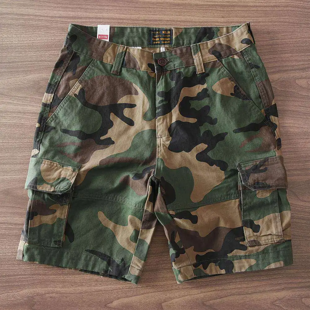 Camouflage Workwear Shorts Trendy Men's Pure Cotton Straight Leg Washed 5-Point Retro Casual Fashion mid Waist Shorts