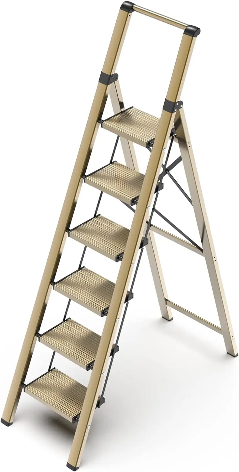 GameGem 6 Step Ladder Aluminum Folding Step Stool with Anti-Slip Sturdy and Wide Pedal Office Kitchen Use 330 lbs (Gold)