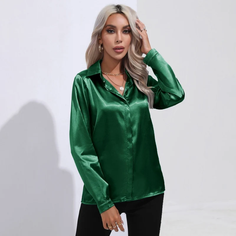 Spring Autumn Satin Shirt Women V Neck Long Sleeve Office Shirt Blouses Ladies Black White Silk Loose Shirts For Women