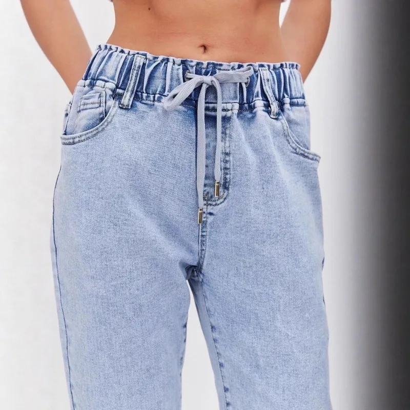 Damskie spodnie jeansowe z wysokim stanem, jesienno-zimowe, nowe, luźne, z elastyczną talią, damskie luźne spodnie codzienne, jednolite, długie spodnie damskie.