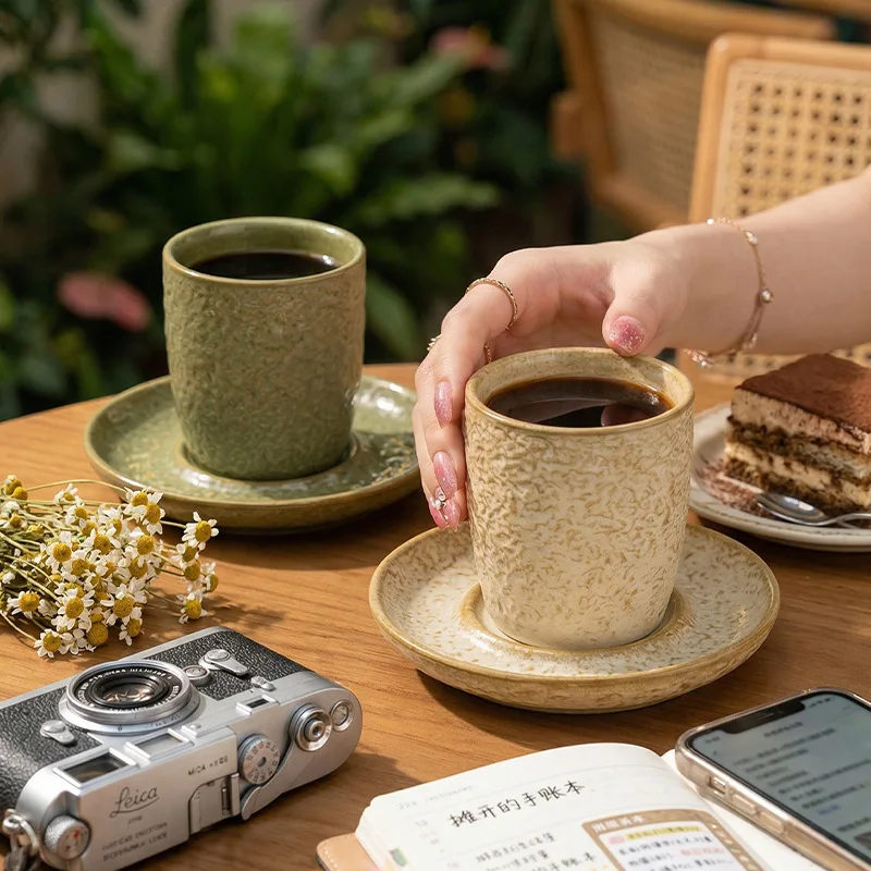 Vintage Irregular Wrinkled Ceramic Coffee Cup Afternoon Tea Latte Art Cup and Saucer Artistic Rock-patterned Beverage Water Cup