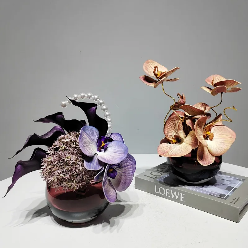 Modern light  round small table flower glass vase flower arrangement simulated art hotel negotiation home fake