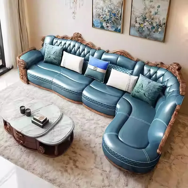 European oak leather sofa first layer cowhide living room villa luxury high-end solid wood sofa Foshan furniture combination