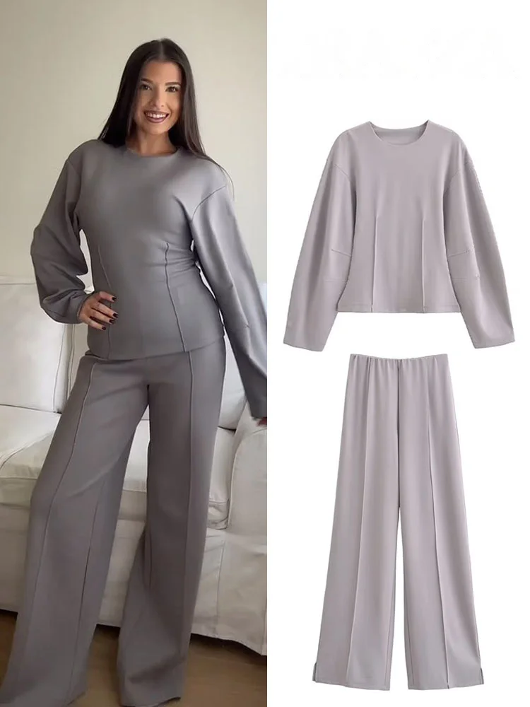 HH Women's New Fashion Slimming 2-Piece Set Double-Sided Fabric Round Neck Long-Sleeve Top+Elegant Stretch Casual Long Pants