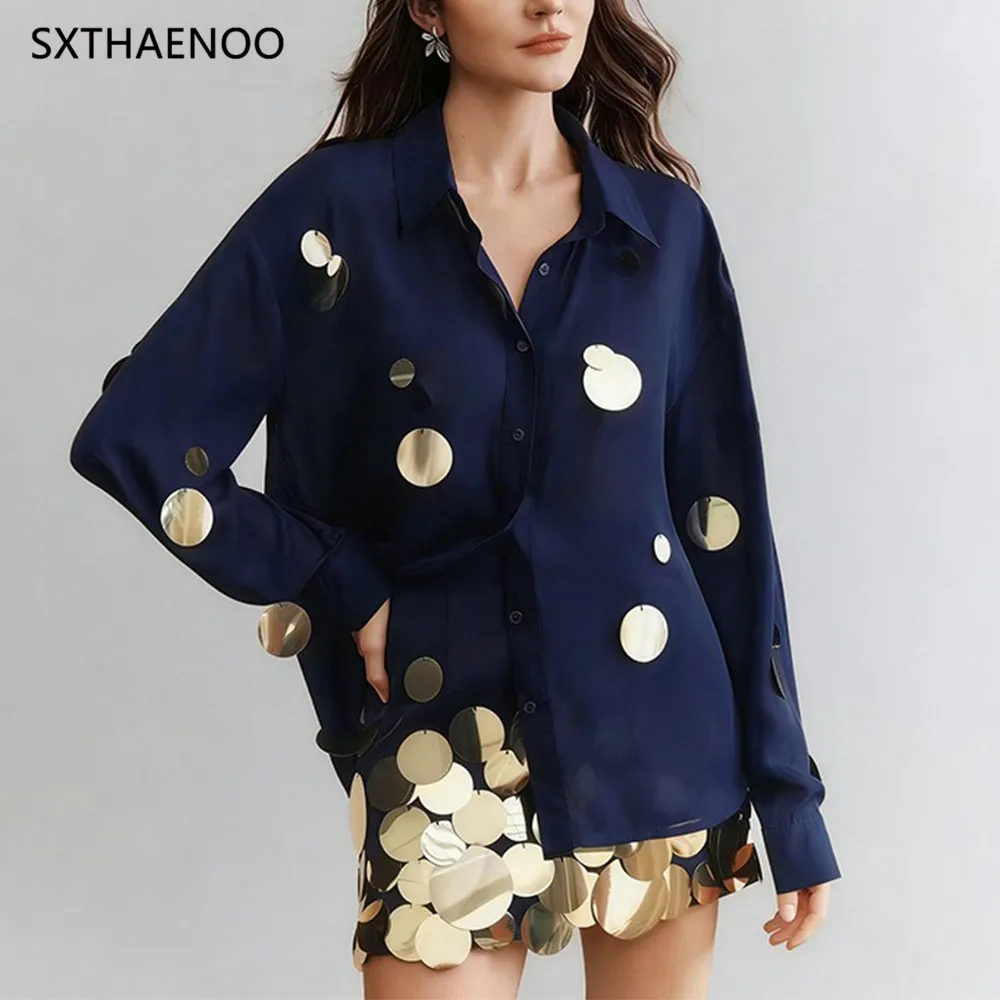 

SXTHAENOO Women Navy Blue Button Down Shirt Dress Long Sleeve Gold Sequin Disc Embellished Waist Cinched Mini Dress Party Outfit