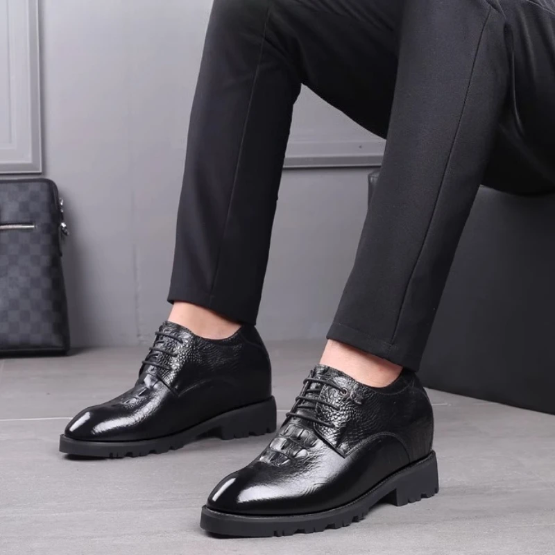 جلد طبيعي الارتفاع زيادة الأحذية للرجال فستان أحذية الأعمال مصعد 10 سنتيمتر الفاخرة ديربي أحذية الزفاف العريس حذاء رجل #5