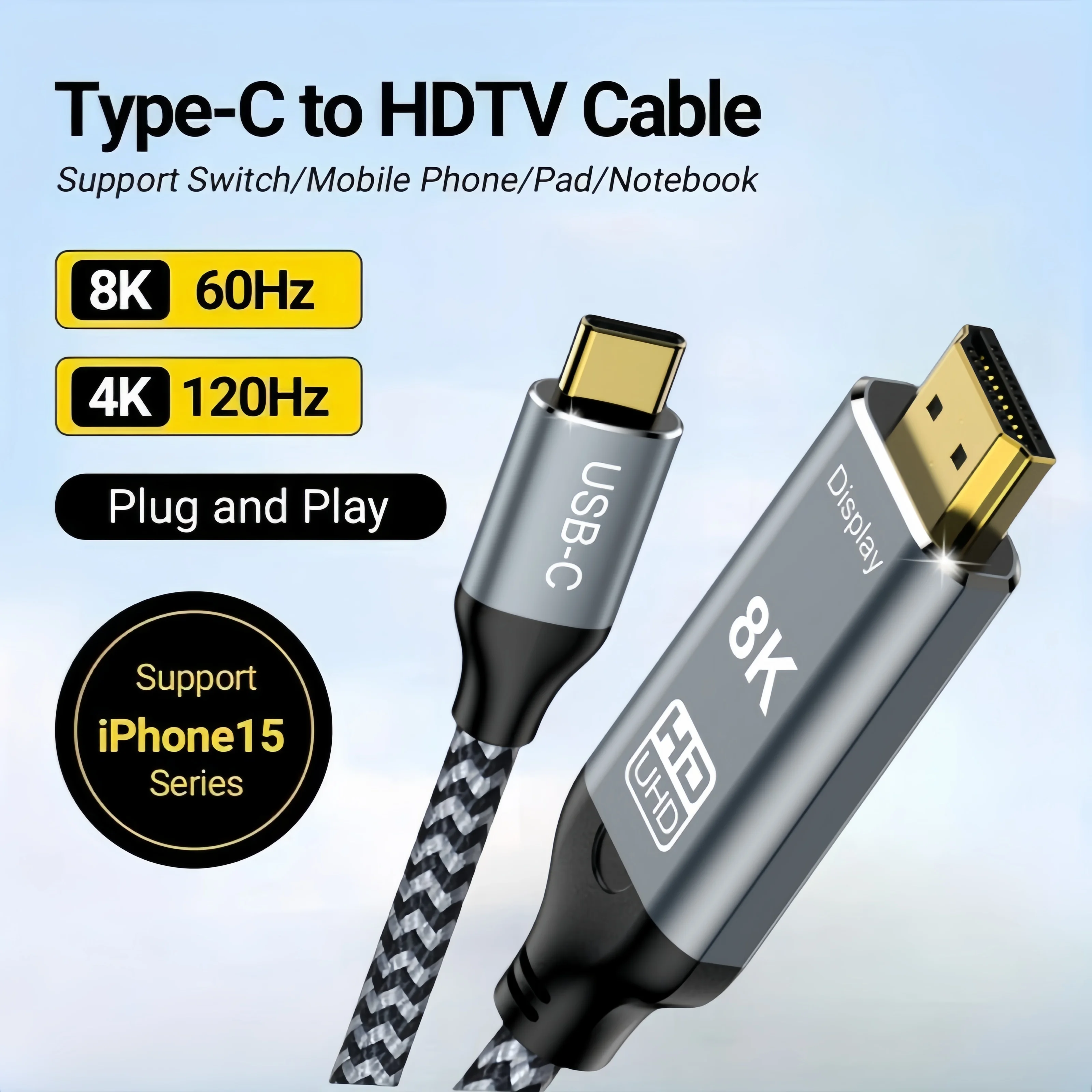 USB C para HDMI-Cabo compatível, Thunderbolt 3 4 para 8K60Hz 4K120Hz, 8K 4K, 4K, 8K, Compatível com iPhone 15, MacBook, Huawei Mate30