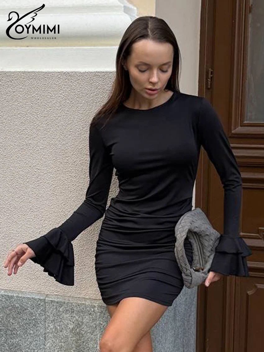 

OYmimi Bodycon Black Knitted Women's Dress Fashion O-Neck Long Sleeve Mini Dresses Elegant Classic Solid Female Dress Streetwear