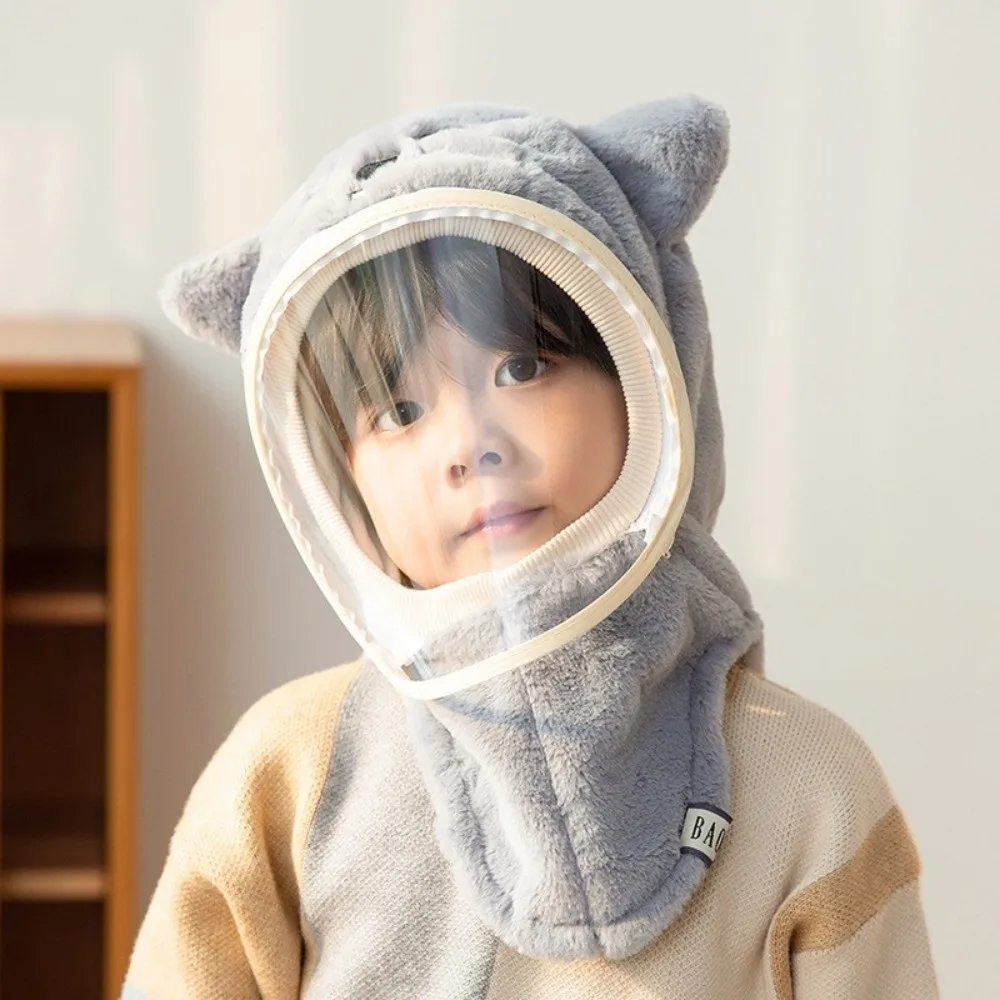 Cute Cartoon Mask Integrated Hat with Detachable Windshield Windproof Head Caps Soft Thickened Fleece Hooded Hat