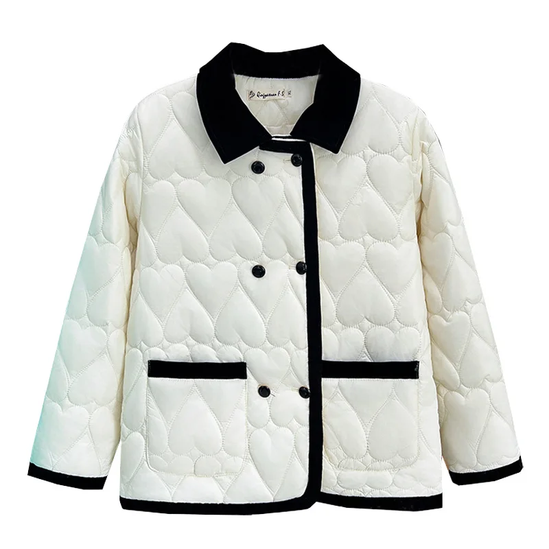 Casaco de algodão acolchoado feminino, Parkas em forma de coração, quente, chique, cor contraste, 100kg, outono, inverno, moda