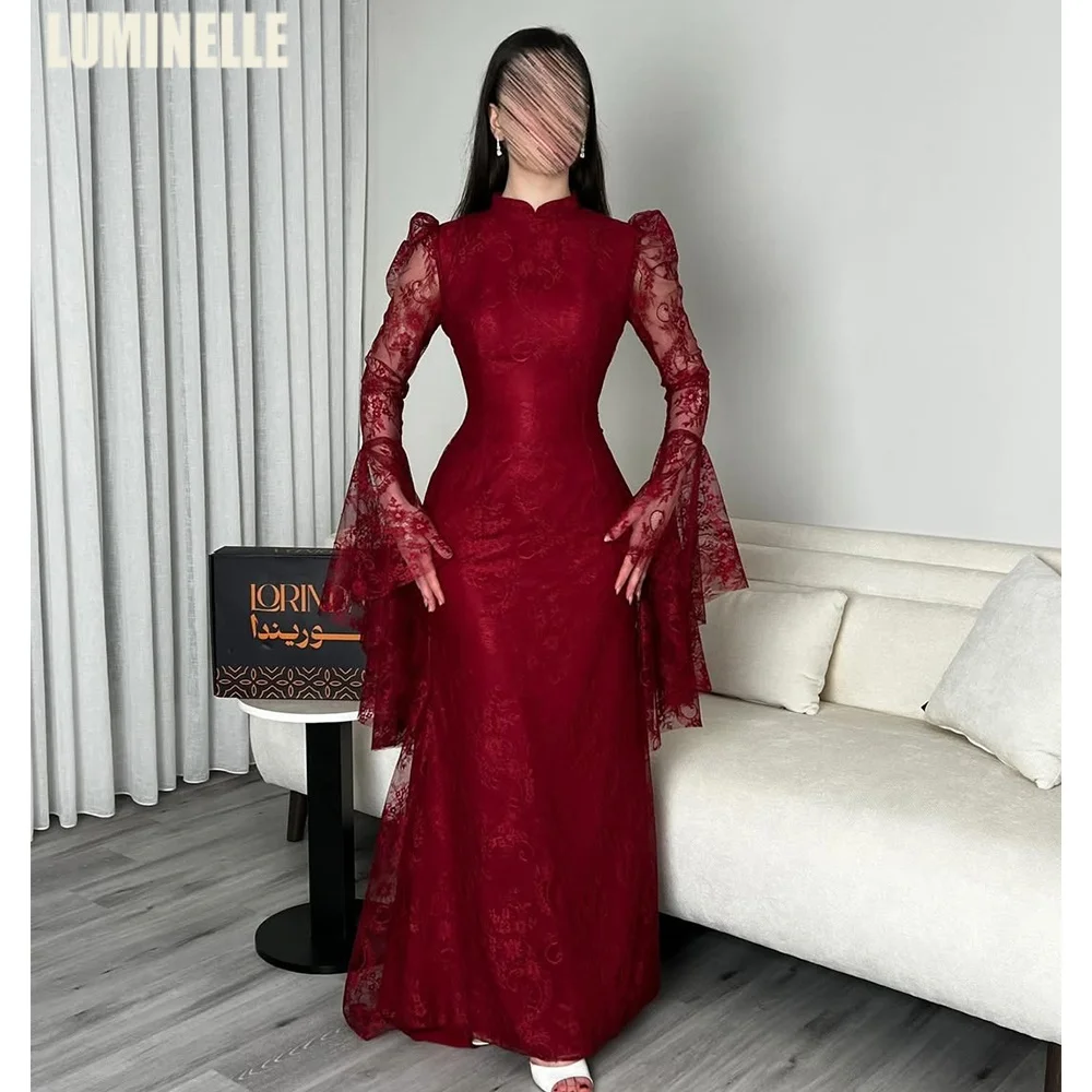 

Red Lace Evening Dresses Sexy Puff Sleeve Empire Waist A-Line فساتين سهرات High Neck Elegant Prom Dress Customized
