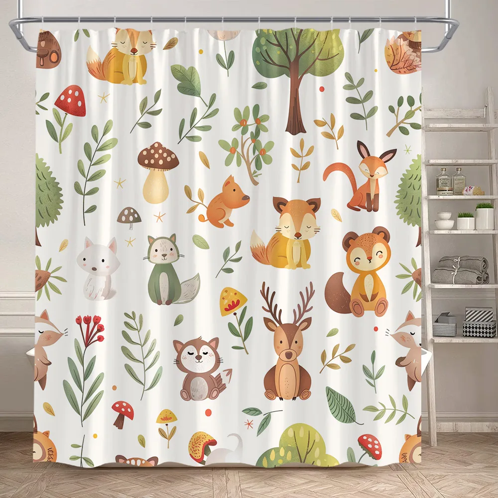 

Cartoon Animals Shower Curtains Fox Deer Floral Autumn Plant Mushroom Bath Curtain Polyester Fabric Bathroom Decor with Hooks