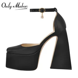 Onlymaker Women Ankle Strap Chunky Platform Mary Jane Pumps Triangle Heel Sandals Big Size Black Fashion Party Dress Heels