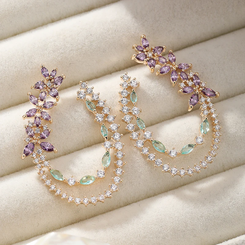 SENYU Jewelry Elegance Purple,Pink Marquise Cubic Zirconia Women Big Earrings Cute Flower Wreath Wedding Bridal Earrings Gifts