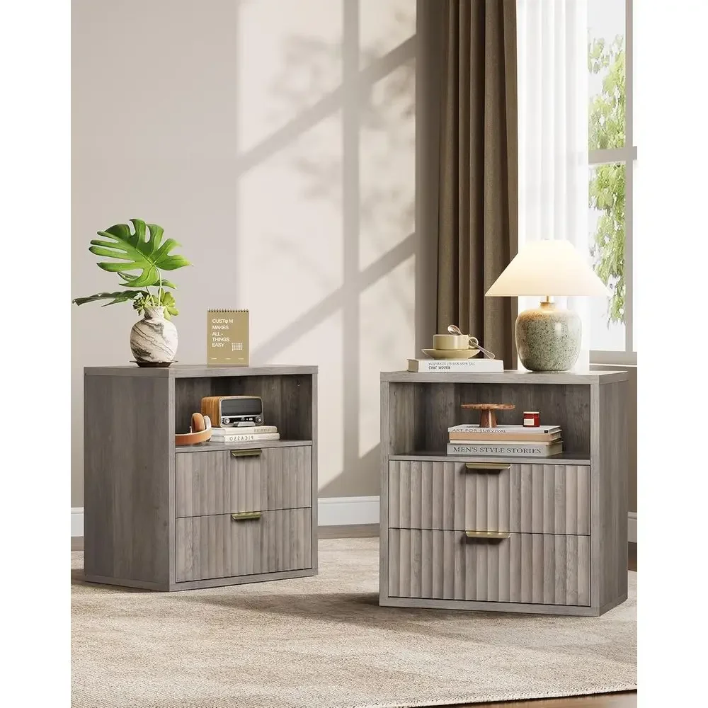 

2-Piece Wooden Nightstand Set with Storage Drawers and Open Shelves, Modern Bedroom Side Tables, Greige