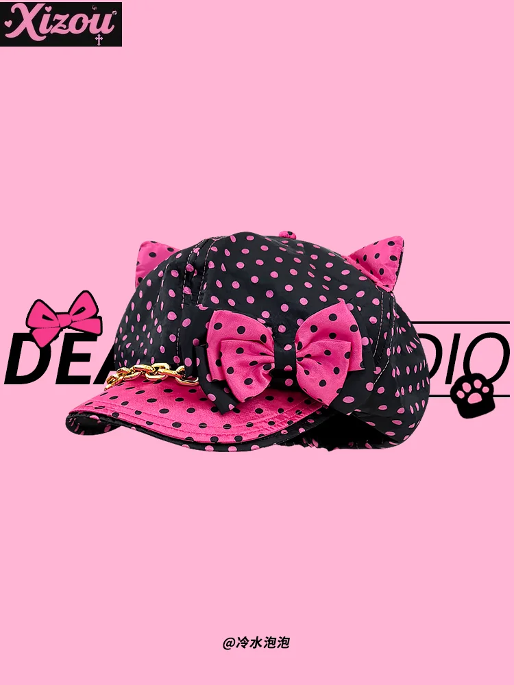 

Japanese cool sweet Yabi wind y2k cool babes polka dot chain black pink octagonal children Shibuya millennial cat ear bow berets