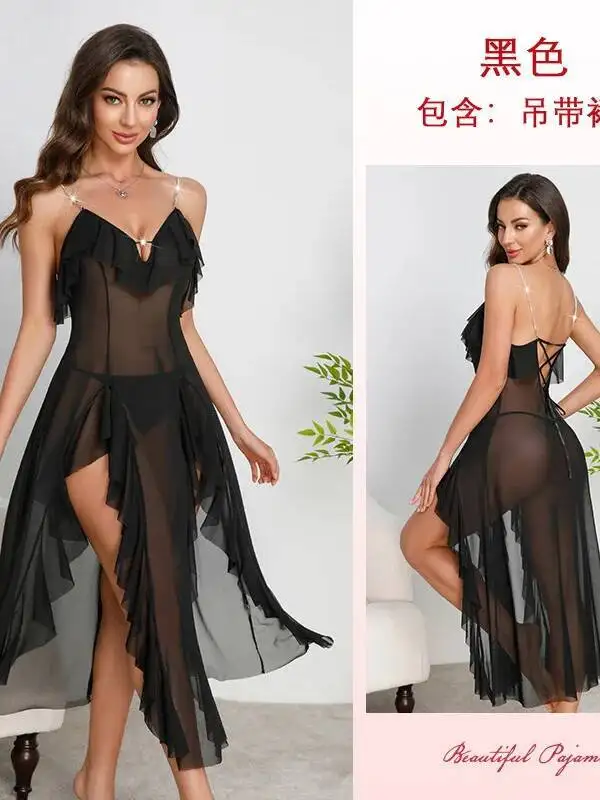 ชุดนอนตาข่ายเว้าลึก ชุดเดรสสายเดี่ยวผ่าข้างแต่งระบาย หลากสี ผ้าบางเบา ชุดนอนเซ็กซี่ ชุดลำลอง ชุดเดรสสีพื้น RKA7