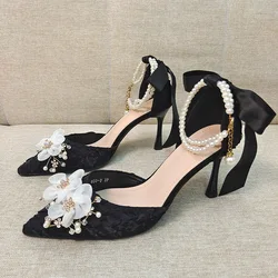 Autumn Fine Heel Sweet Bridal Wedding Shoes Pearl Buckle Sandals Bowknot Exquisite Flower Women's Single Shoes