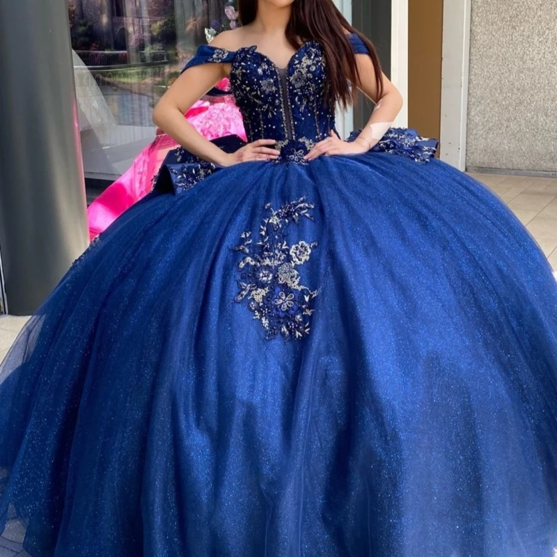 Navy Blue Glitter Quinceanera Dresses Off Shoulder Ball Gown Sweet 16 Dress Applique Lace Beading Tull Corset Birthday Vestidos