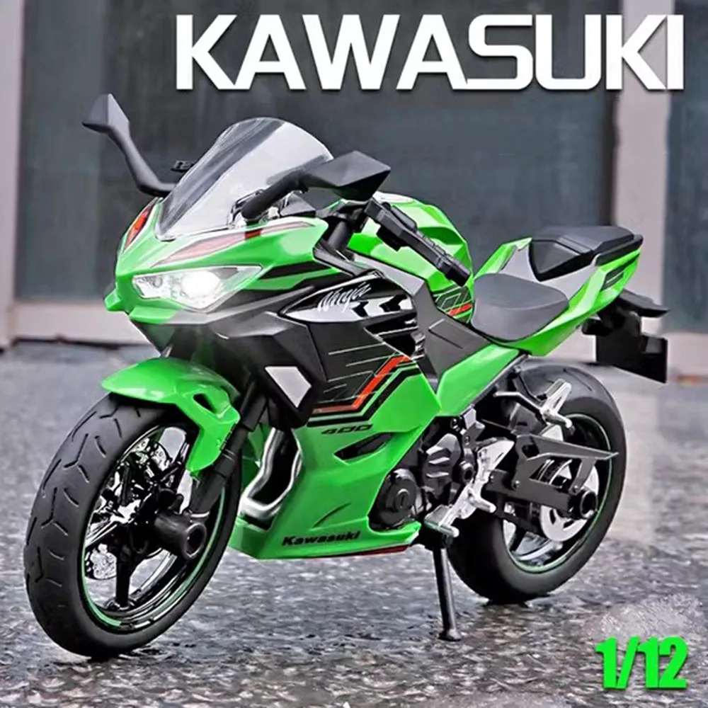 

1:12 Kawasaki NINJA 400 ZX6R, литая под давлением модель мотоцикла из сплава, миниатюрные игрушки, рулевое управление передним колесом автомобиля с легкими транспортными средствами, подарки для мальчиков