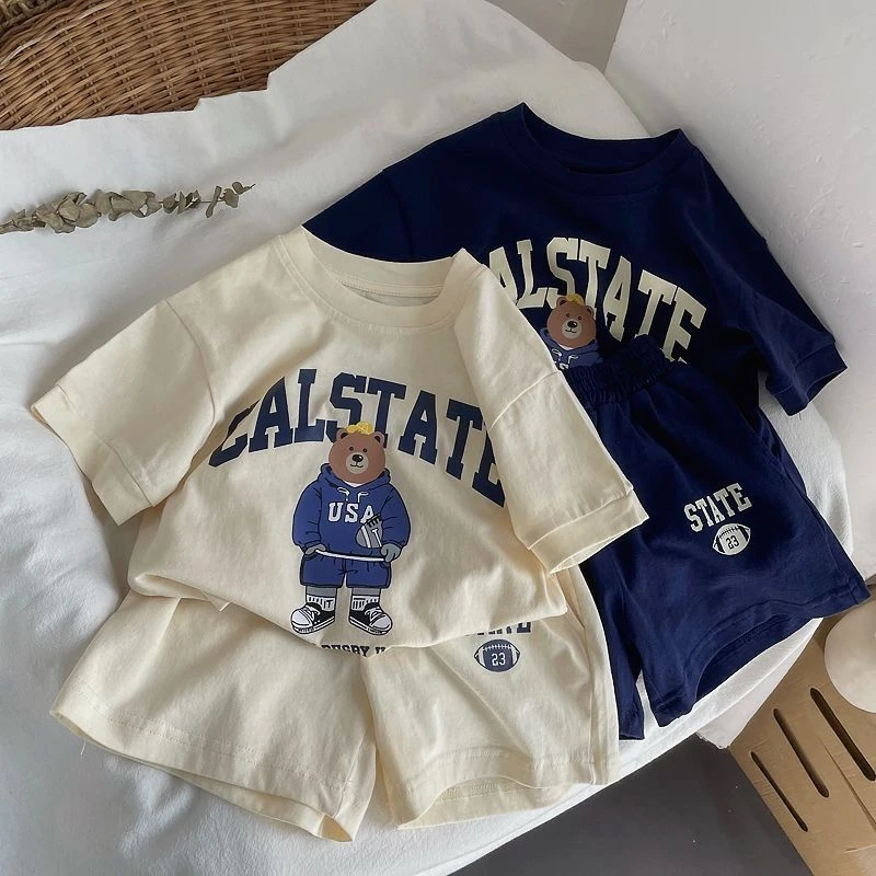 Popular Design Boys Short Sleeve Tracksuits Loose Casual Kids T-shirt Shorts Two Piece Set Summer Clothing Children's Wear Suit