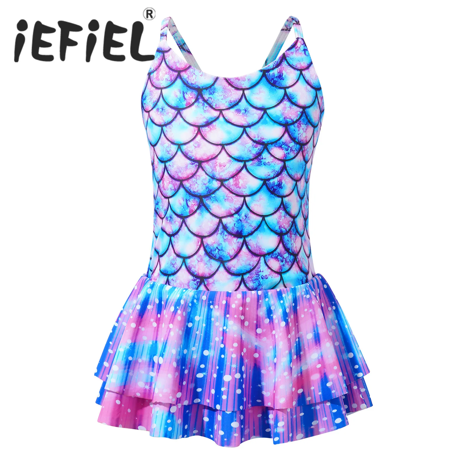 

Kids Girls One-piece Swimsuit Mermaid Fish Scales Print Leotard Ruffle Jumpsuit Surfing Bathing Suit Beachwear Swim Rash Guard