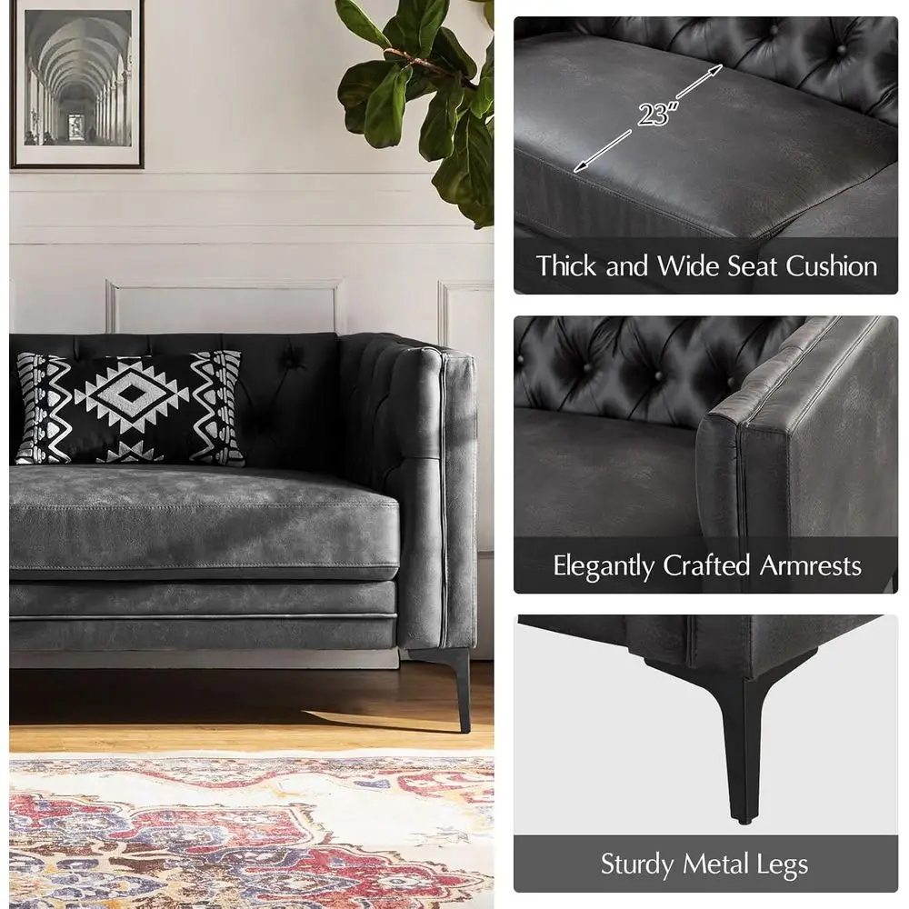 Sofá auxiliar de cuero de 84 anchos con patas de metal, 3 plazas capitoné con botones, sofá tapizado moderno del siglo para sala de estar, Charco