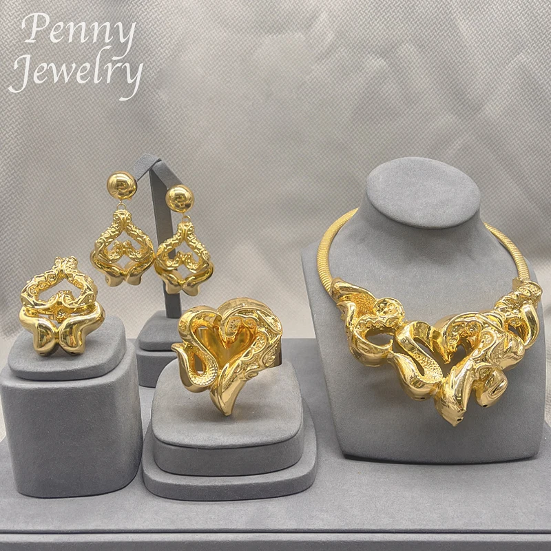 Dubai 24K Gold Plated 4Pcs Jewelry Set Women Necklace Drop Earrings Bracelet Ring African Bridal Wedding Party Anniversary Gifts