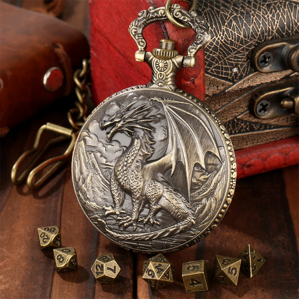 Vintage Metal Dragon Pocket Watch Case Dice Sets Retro Gift for Game Dices Lovers Fob Chain Pendant Pocket Clock Case Mini Dices