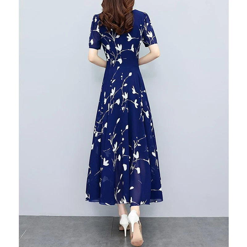 Estate nuova moda elegante Vintage stampa floreale Maxi Robe Femme scollo a v temperamento a-line abiti donna Slim Casual Dress