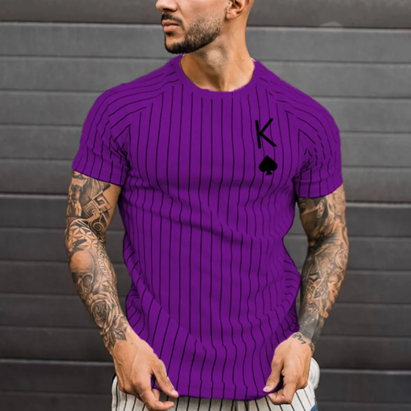 Poker Spade and King Summer Hot Sales Men\'s Vertical Striped T-shirt Round Neck Fashion Short Sleeve Street Wear