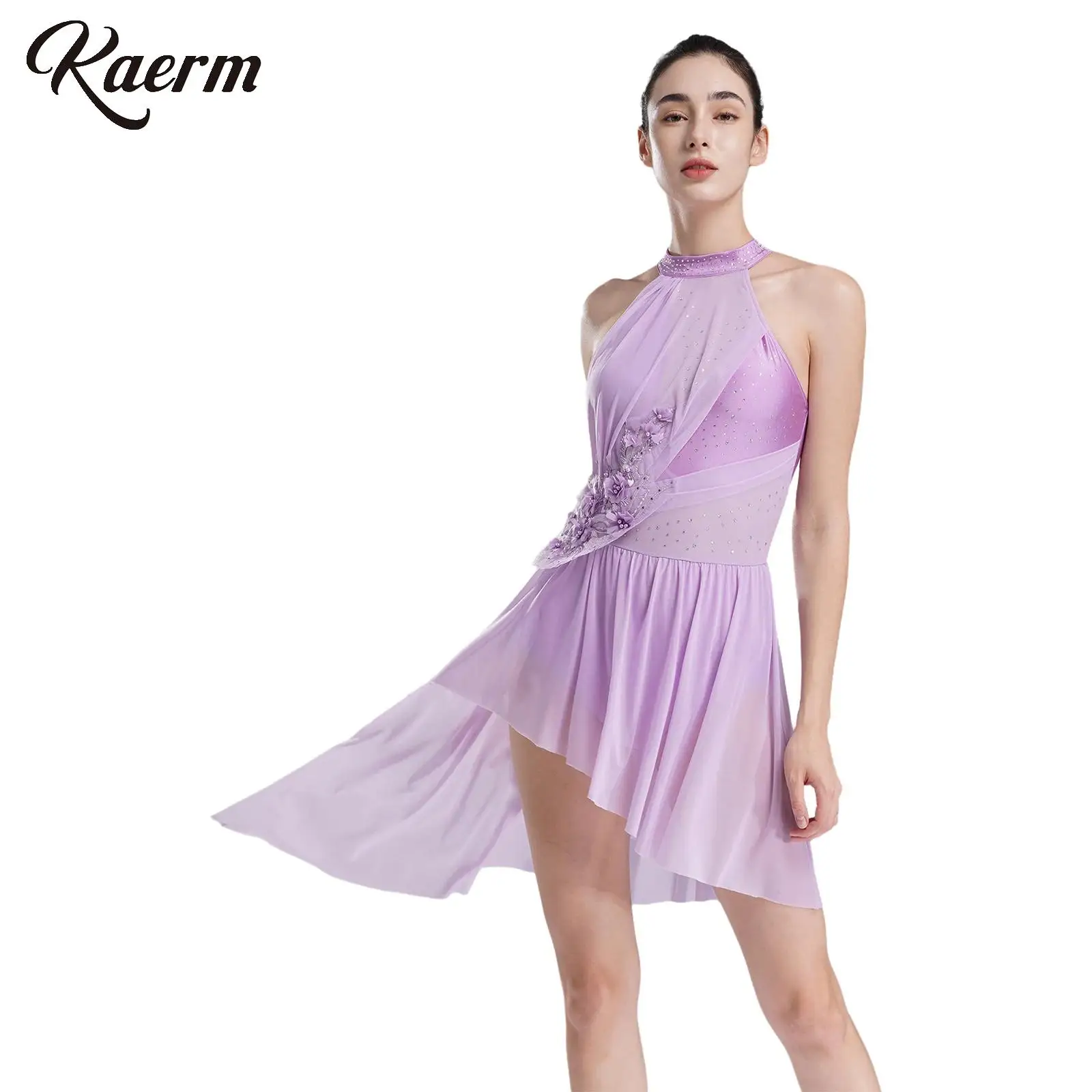 Women Lyrical Dance Wear Halter Back Shiny Rhinestones Applique Asymmetrical Leotard Dress Yoga Latin Ballroom Dance Ballet Wear