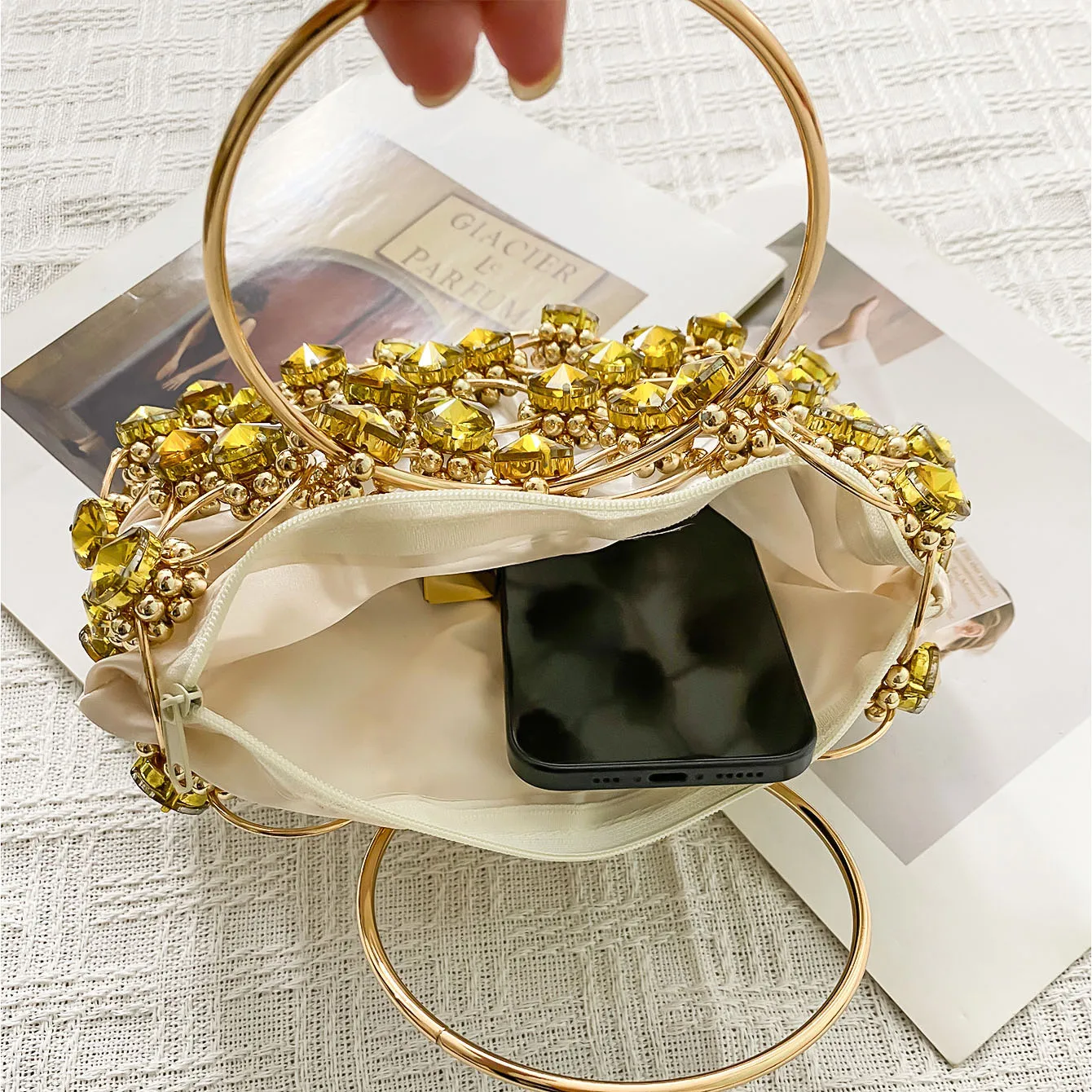 Rhinestone Hollow Out Metal Handbags Fashionable Luxurious Design Women's Evening Bag Summer French Elegant Shiny Clutch Bags
