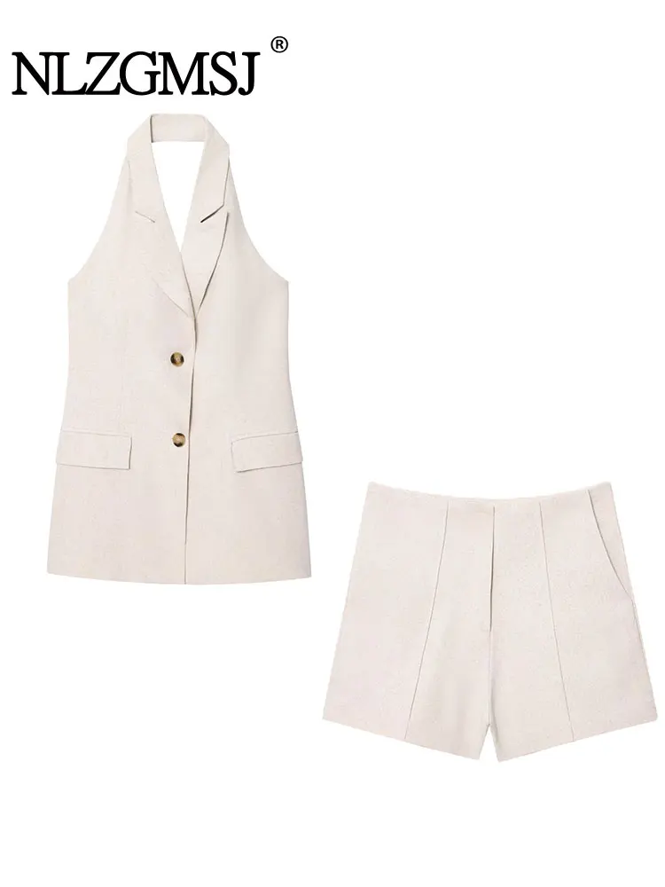 

TRAF 2025 Spring Summe Casual Chic Women Suit Solid Halter Sleeveless Button Top Straight Shorts New Fashion Sets