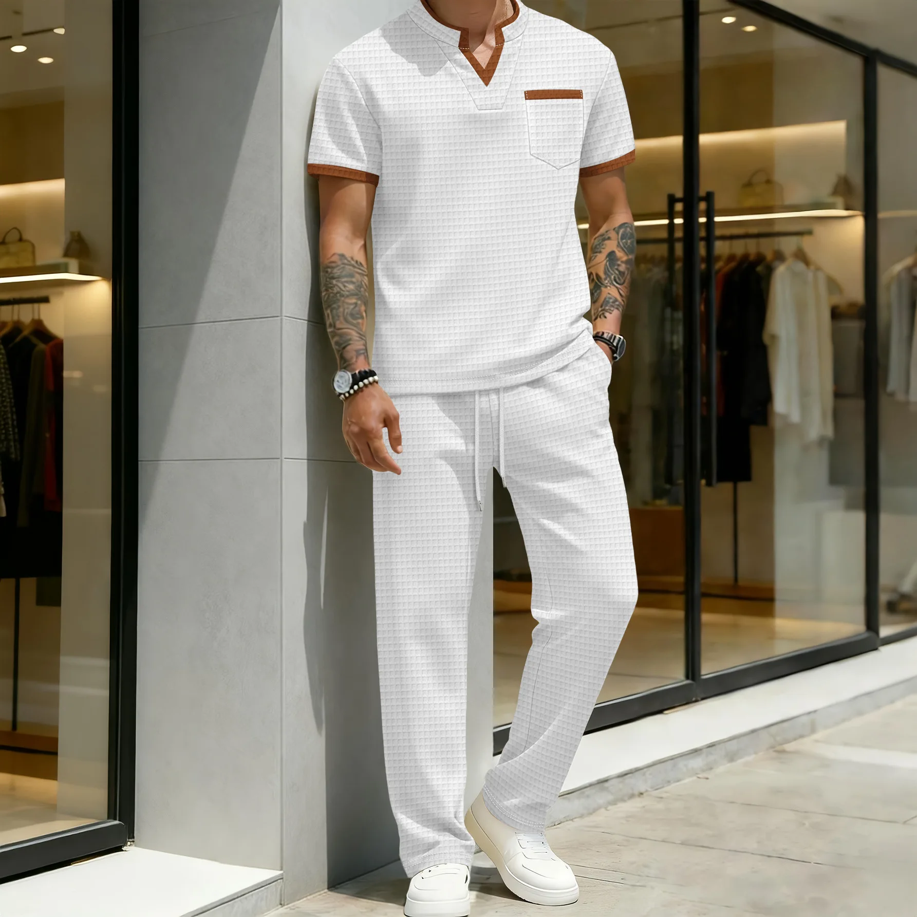 

Men's grid breathable sports relaxed style suit - casual two-layer pocket V-neck short-sleeved color T-shirt + long pants set