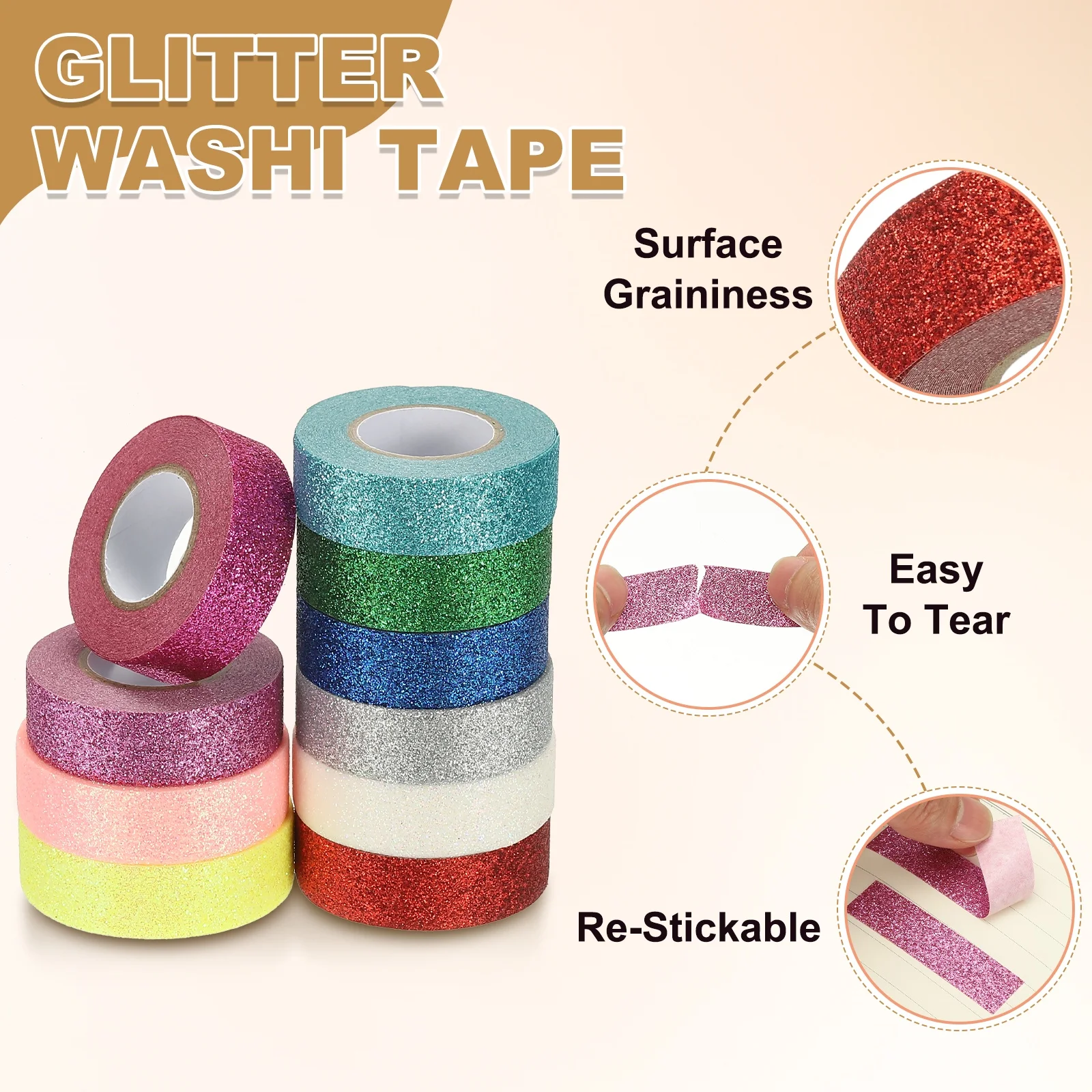 1/2Roll Glitter Paper Washi Tape 15mm Washi Self-Adhesive Decorative Tape for Crafts DIY Gift Packaging Art Scrapbook Decor