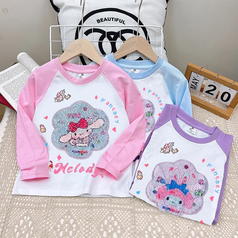 

Girly Heart Kawaii Cinnamoroll Anime MINISO Long Sleeve Shirt Cute My Melody Kuromi Children Hooded Clothing Gifts for Kids