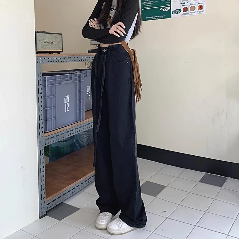 Niche design sense tie straight jeans female spring and fall new high-waisted loose thin versatile wide-leg pants tide