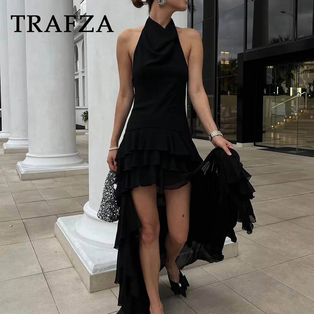 

TRAFZA Chic Sexy 2025 Summer Tierred Woman Dress Neck-mounted Slim Long Dress Sleeveless Female Zipper Sheath Party Vestidos